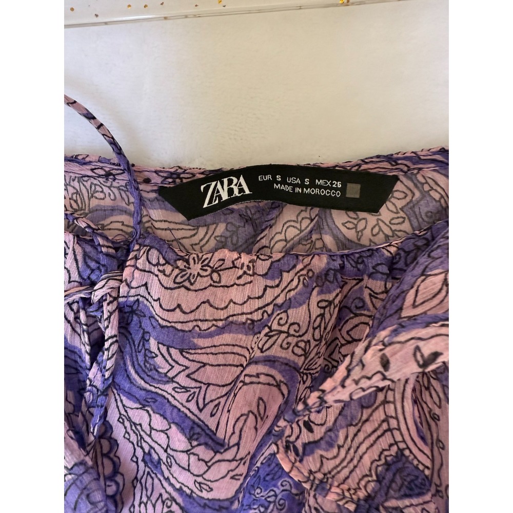 ZARA Womens S Sheer Paisley Crop Blouse Purple Pink Long Sleeve Boho Peasant Top - Picture 4 of 8